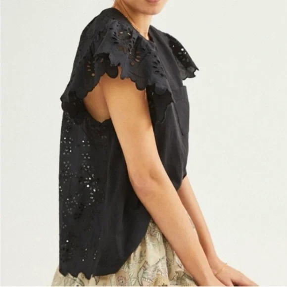 Anthropologie Seen Worn Kept Flutter Eyelet Black Top - Picture 2 of 15